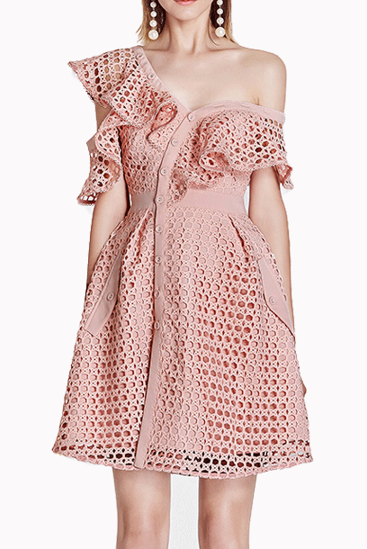 One-Shoulder Guipure Lace Pink Mini Dress