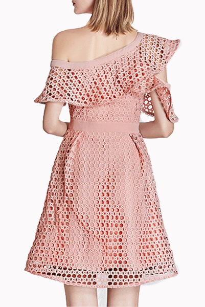 One-Shoulder Guipure Lace Pink Mini Dress