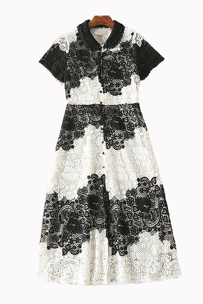 Macramé-Lace Button Colour Block Dress
