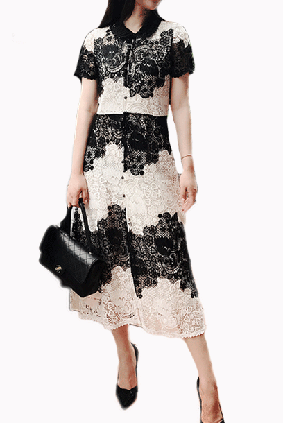 Macramé-Lace Button Colour Block Dress