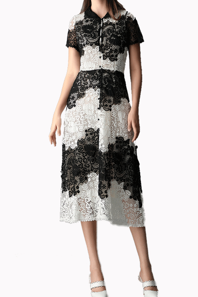 Macramé-Lace Button Colour Block Dress