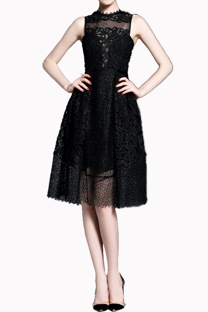 Sleeveless Fit & Flare Black Cocktail Midi Dress