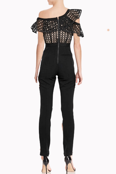One Shoulder Lace Ruffled Crepe Playsuit Jumpsuit