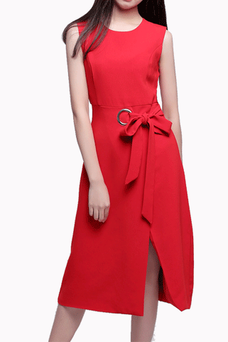 Sleeveless Red Crepe Office Dress with Details