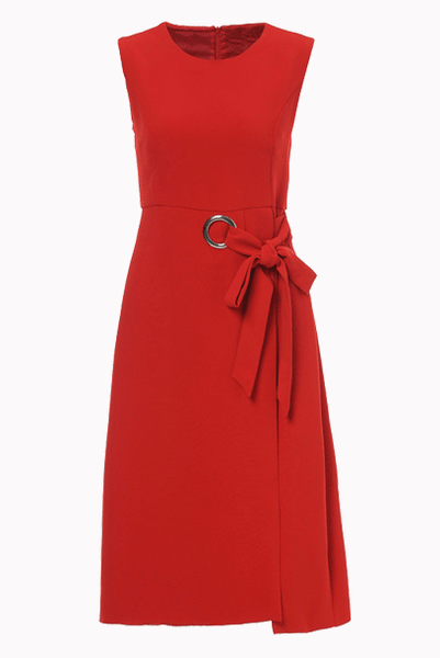 Sleeveless Red Crepe Office Dress with Details