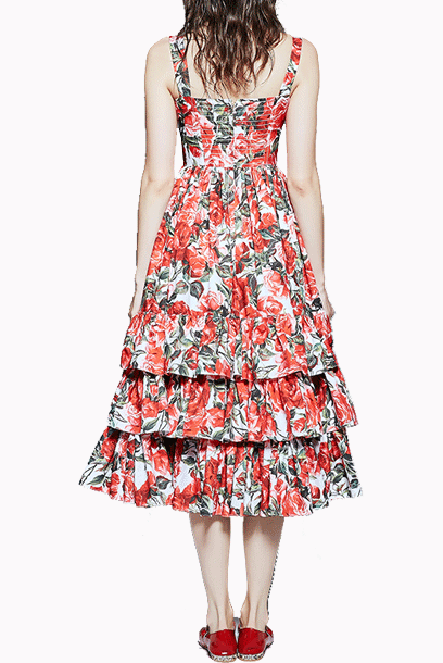 Ruffled Tiered Rose Floral-print Midi Dress