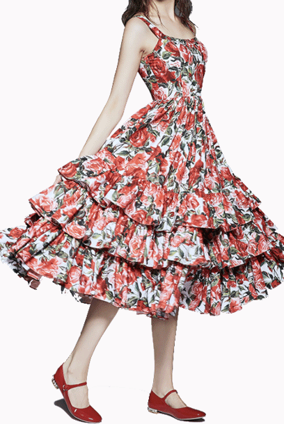 Ruffled Tiered Rose Floral-print Midi Dress