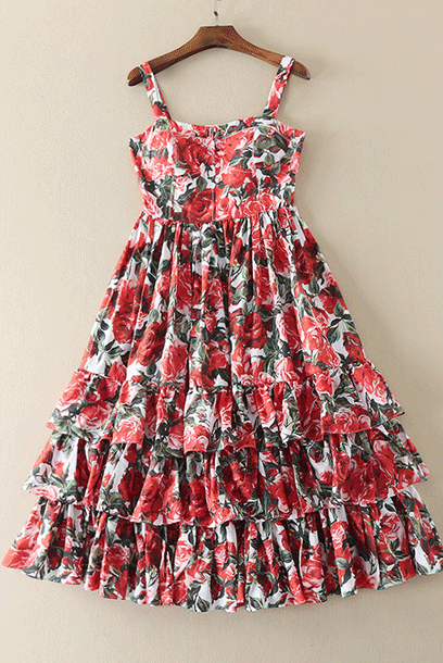 Ruffled Tiered Rose Floral-print Midi Dress