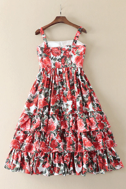 Ruffled Tiered Rose Floral-print Midi Dress