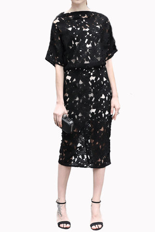 Raglan Sleeves Black Guipure Lace Black Pencil Dress