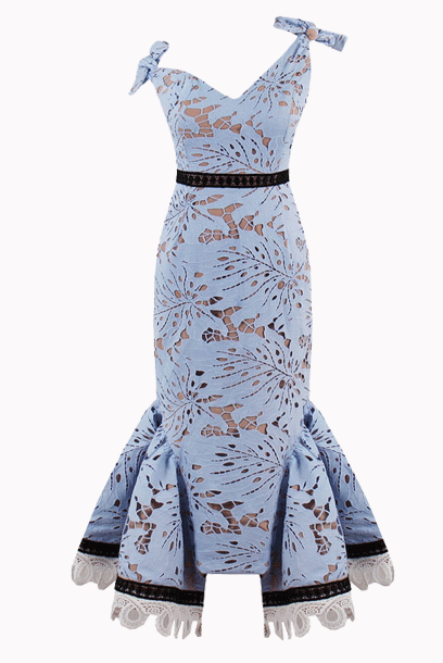 One Shoulder Sky Blue Lace Mermaid Hem Midi Cocktail Dress