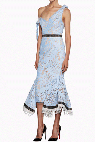 One Shoulder Sky Blue Lace Mermaid Hem Midi Cocktail Dress