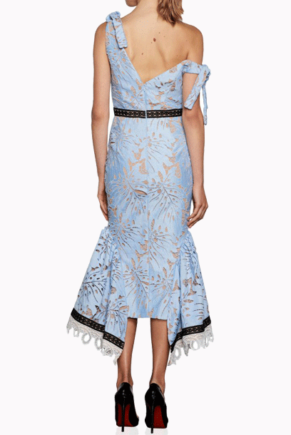 One Shoulder Sky Blue Lace Mermaid Hem Midi Cocktail Dress