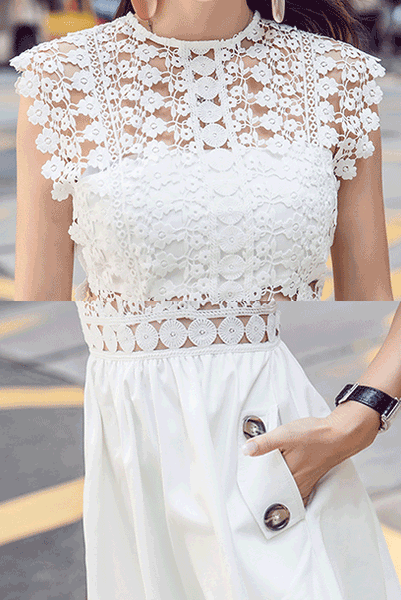 Sleeveless White Guipure Lace Poplin Mini Dress