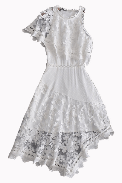 Asymmetrical Floral Draped White Cocktail Dress