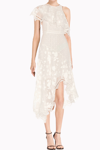 Asymmetrical Floral Draped White Cocktail Dress