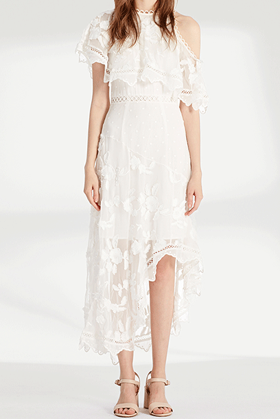 Asymmetrical Floral Draped White Cocktail Dress