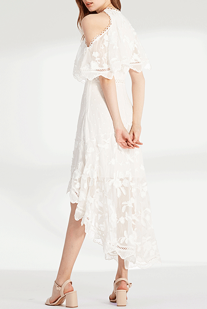 Asymmetrical Floral Draped White Cocktail Dress
