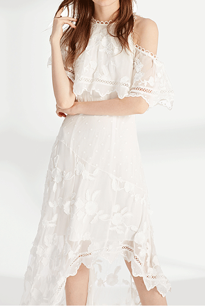 Asymmetrical Floral Draped White Cocktail Dress