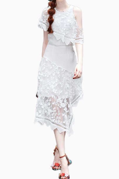 Asymmetrical Floral Draped White Cocktail Dress