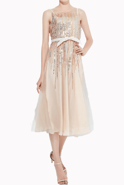 Gatsby Gold Tulle Sequin Cocktail Midi Dress