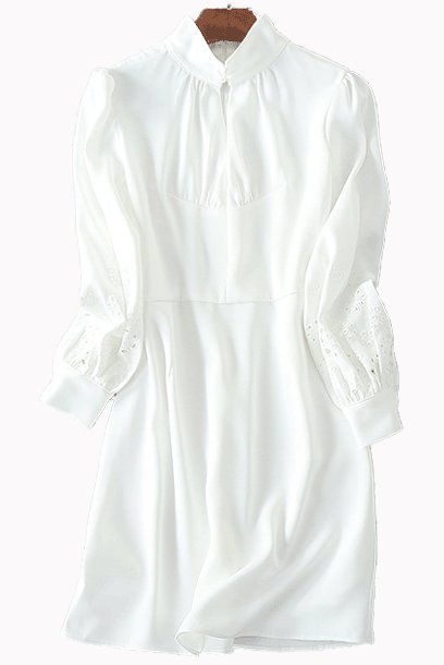 Long Sleeves White Broderie Anglaise-Cuff Cady Dress