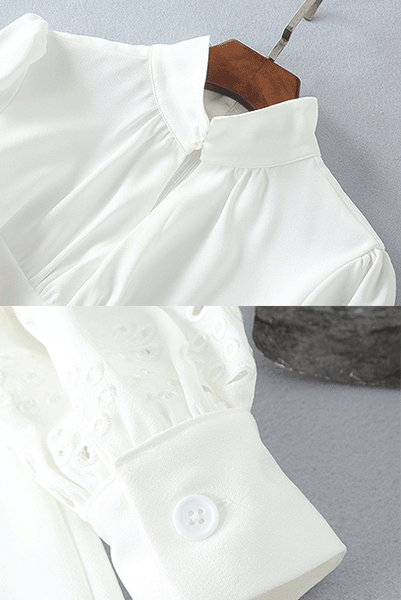 Long Sleeves White Broderie Anglaise-Cuff Cady Dress