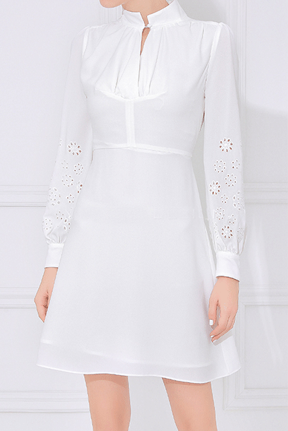 Long Sleeves White Broderie Anglaise-Cuff Cady Dress