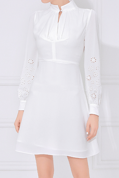 Long Sleeves White Broderie Anglaise-Cuff Cady Dress