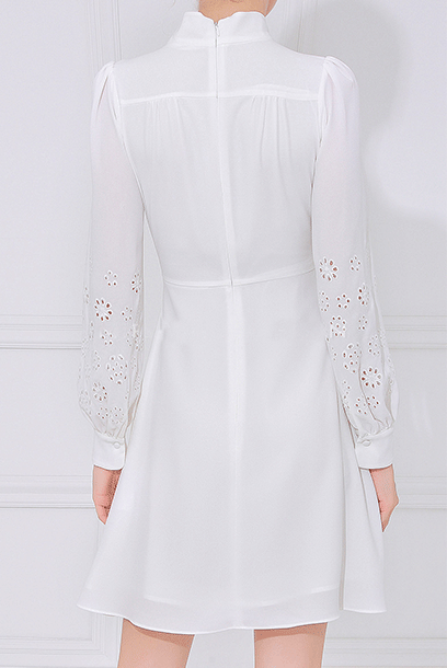 Long Sleeves White Broderie Anglaise-Cuff Cady Dress