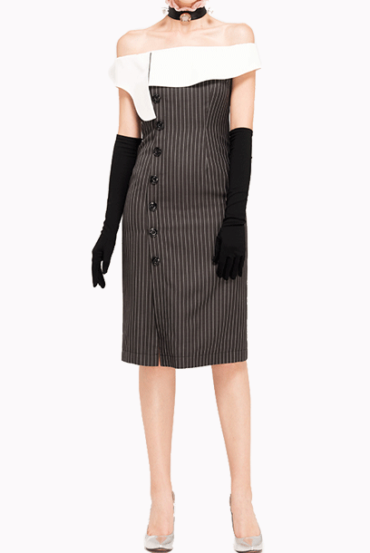 Off Shoulder Pinstripes Colourblock Pencil Dress