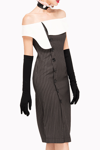 Off Shoulder Pinstripes Colourblock Pencil Dress