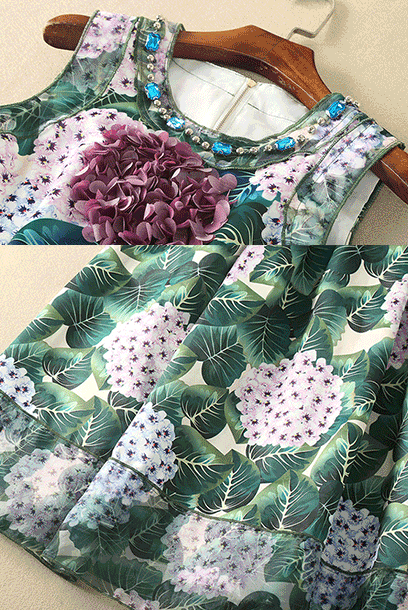 Embellished Hydrangea Print Midi Dress