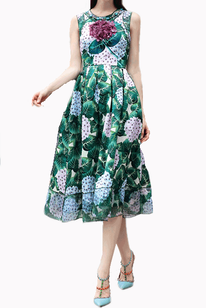 Embellished Hydrangea Print Midi Dress