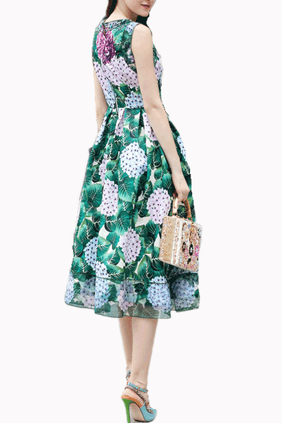 Embellished Hydrangea Print Midi Dress