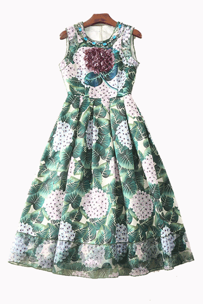 Embellished Hydrangea Print Midi Dress