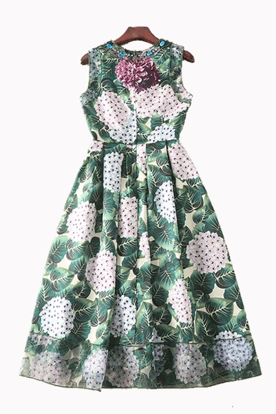 Embellished Hydrangea Print Midi Dress