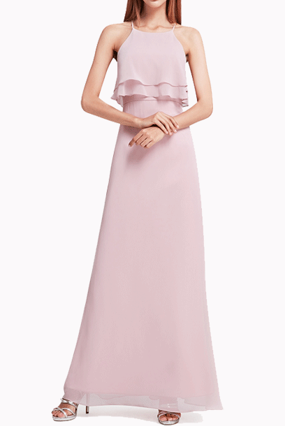 Spaghetti Ruffled Pink Maxi Dress