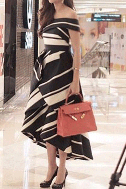 Off-the-Shoulder Asymmetrical Stripes Midi Dress