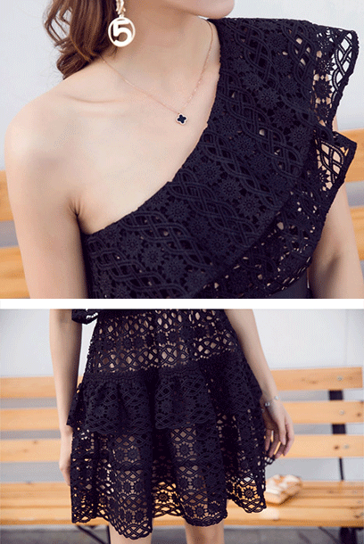 One-Shoulder Black Tiered Mini Cocktail Dress