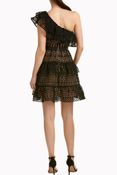One-Shoulder Black Tiered Mini Cocktail Dress
