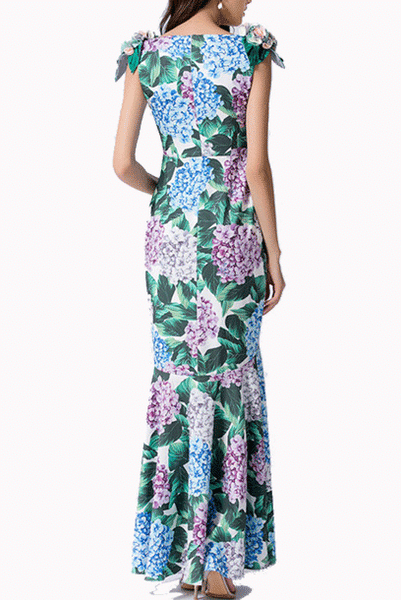 3D Hydrangea Floral Details Mermaid Maxi Dress