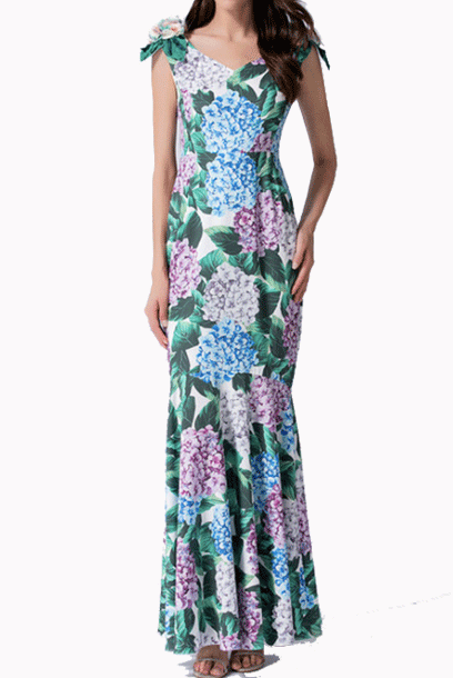 3D Hydrangea Floral Details Mermaid Maxi Dress