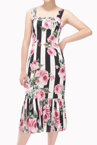 Rose and Stripe Print Midi Mermaid Hem Dress