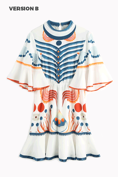 High-Neck Graphic-print Fluted-Detailed Dress