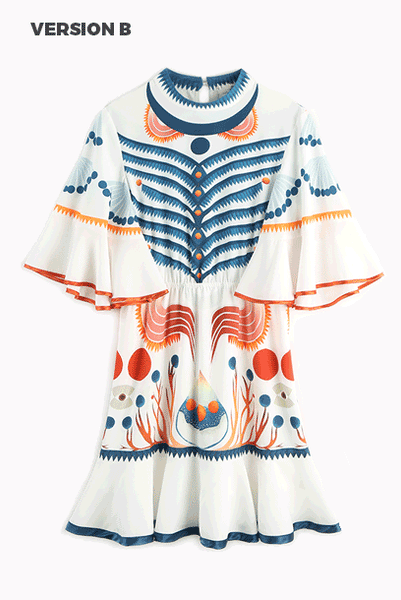 High-Neck Graphic-print Fluted-Detailed Dress