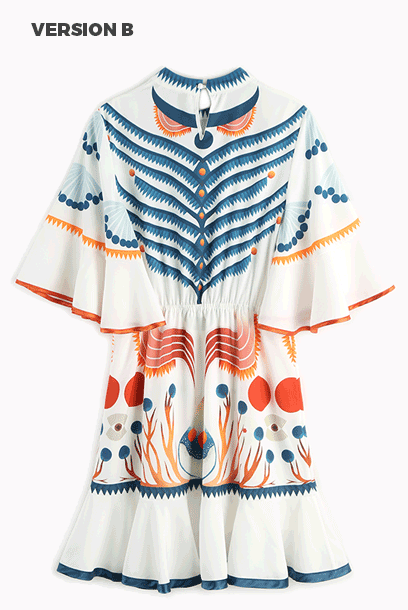 High-Neck Graphic-print Fluted-Detailed Dress
