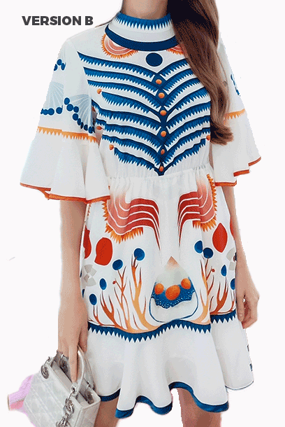High-Neck Graphic-print Fluted-Detailed Dress