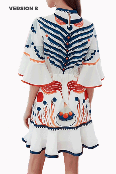 High-Neck Graphic-print Fluted-Detailed Dress