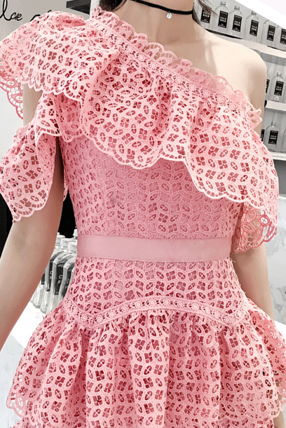 One-Shoulder Ruffled Lace Mini Dress